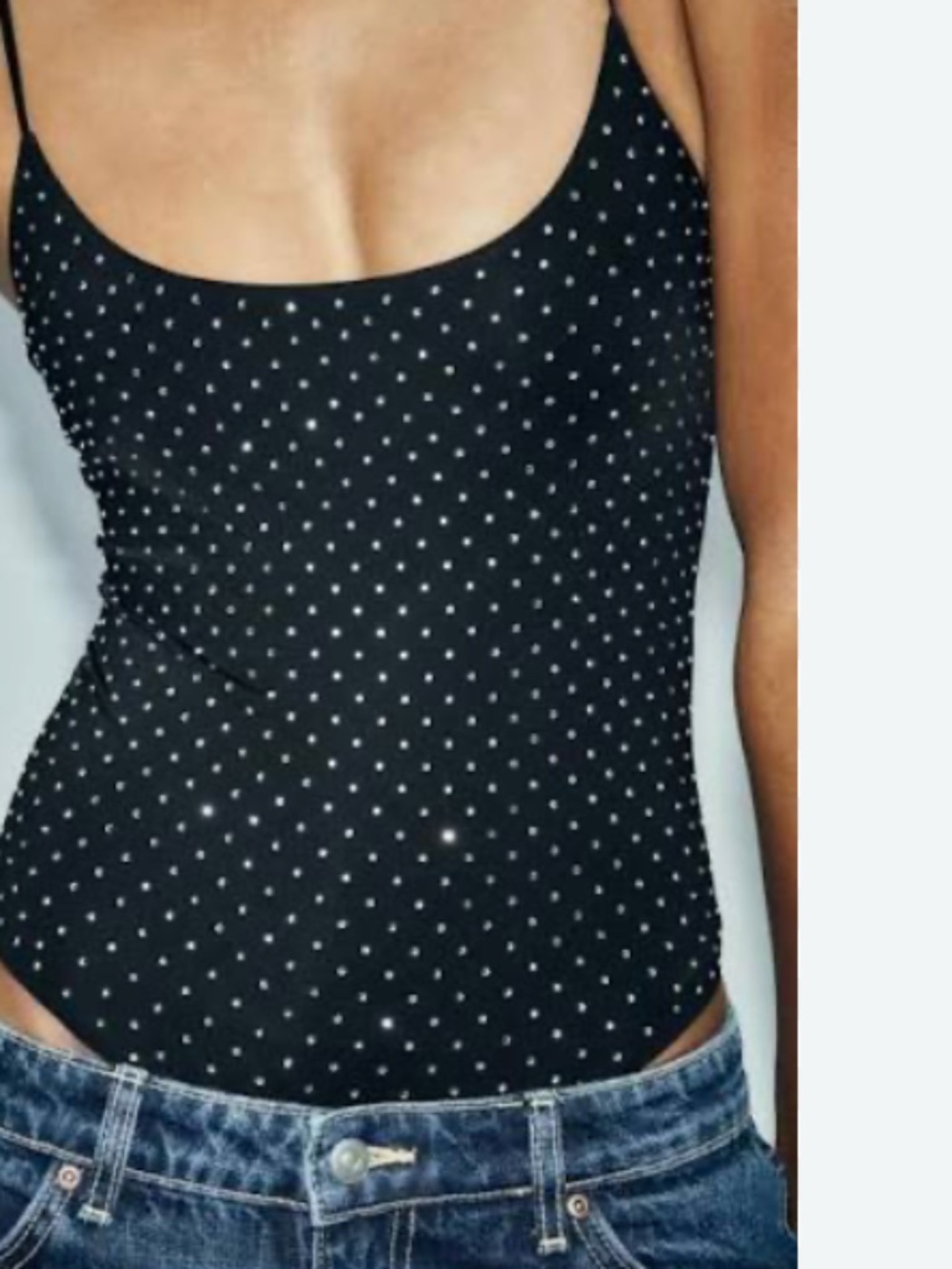 ZARA black rhinestone bodysuit size small spaghetti strap snap crotch